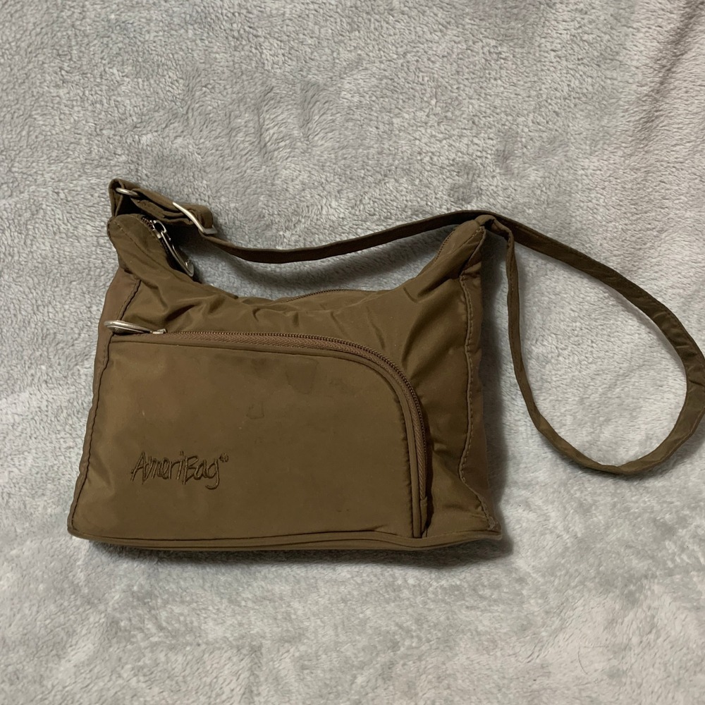 AmeriBag‎ Brown Nylon Shoulder Bag Adjustable Strap Multi Pocket Travel Purse